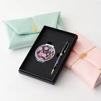 Mother-of-Pearl Lacquerware Round Hand Mirror & Mother-of-Pearl Ballpoint Pen 2-Piece Set - Traditional Korean Craft Gift