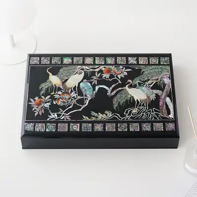 Premium Nacre Lacquerware Mother-of-Pearl Document Box with Crane and Pine Pattern 01