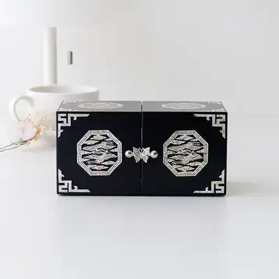 Traditional Mother-of-Pearl Lacquer Octagonal Crane Black Lacquer Double-Drawer Jewelry Box (Medium) D