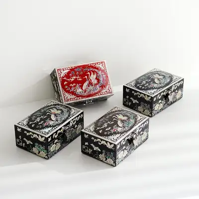 螺鈿漆器 韓國文化之美 (朗齋)螺鈿漆器彩色松鶴 彩色貝殼珠寶盒 14公分