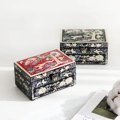螺鈿漆器韓國文化之美(浪齋)螺鈿漆器梅花蝴蝶單層抽屜貝殼寶石盒 16公分