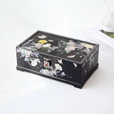 螺鈿漆器 韓國文化的美麗 名品螺鈿漆器 牽牛花彩繪 二層貝殼珠寶盒 30公分