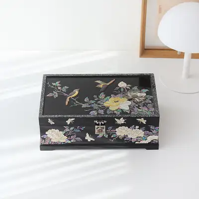 螺鈿漆器 Korea 韓國文化之美 名品螺鈿漆器圓貝牡丹2層珠寶盒 黑色30公分