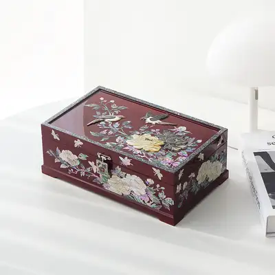 Najeon Chilgi Korea Traditional Korean Lacquerware One-Pair Two-Tier Peony Mother-of-Pearl Jewelry Box Red 30cm