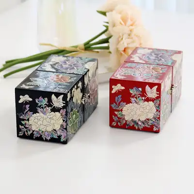 Nacre Lacquerware Korea Traditional Peony Mini Double-Shell Inlaid Jewelry Box (Kim Young-man's Work)