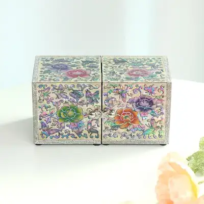 Mother-of-Pearl Lacquerware Korea Beautiful Colored Peony Mini Double-Box Shell Jewelry Box