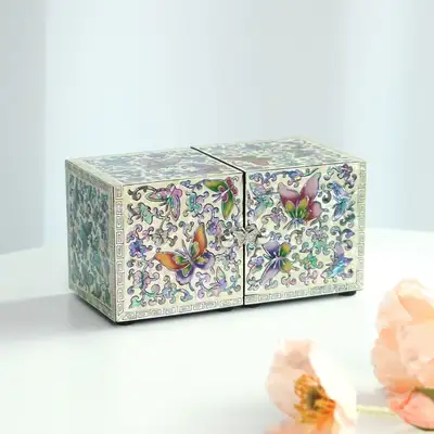 Lacquer Ware Korea Beautiful Colored Butterfly Mini Twin-Lid Mother-of-Pearl Jewelry Box