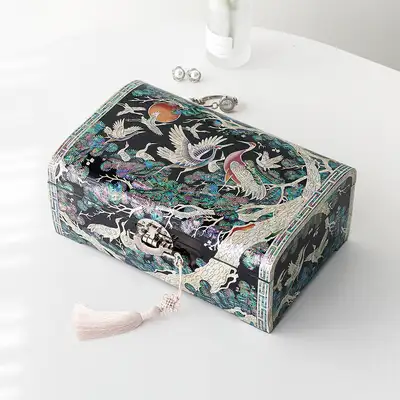 螺鈿漆器 韓國文化之美 螺鈿漆器彩色松鶴滾圓特大型貝殼珠寶盒 黑色 30公分