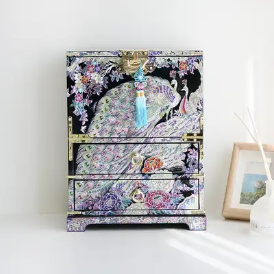 螺鈿漆器 韓國傳統工藝 孔雀紋半開式抽屜貝殼珠寶盒(特大) 張泰福文化財工藝匠人作品