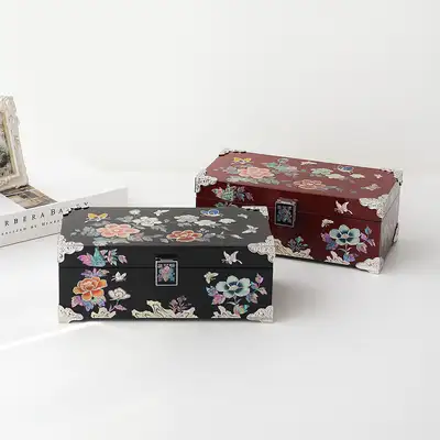 螺鈿漆器 コリア 韓国文化の美しさが詰まった螺鈿漆器彩色牡丹蝶飾り螺鈿宝石箱 24センチ