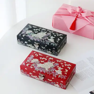 Najeon Chilgi Korea Traditional Mother-of-Pearl Lacquerware Single-Tier Peony Butterfly Jewelry Box H 23cm