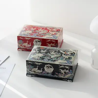 Mother-of-Pearl Lacquerware Korea Two-Tier Mother-of-Pearl Jewelry Box with Crane and Flower Design 24cm