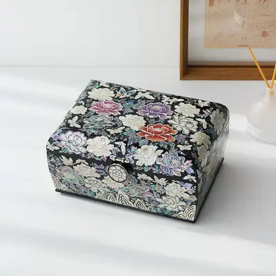 Nacre Inlay Lacquerware Korea Korean Culture Beauty Shell Inlay Lacquerware Luxurious Peony Rolling Jewelry Box 24cm