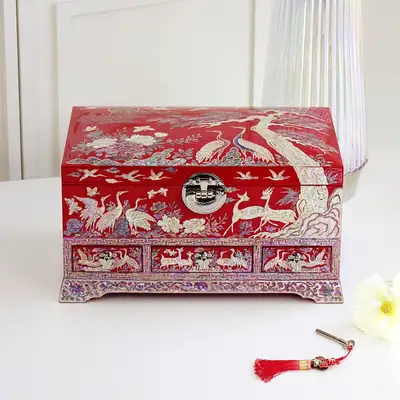 Mother-of-Pearl Lacquerware Korea Flower and Crane Drawer Jewelry Box Red 32cm
