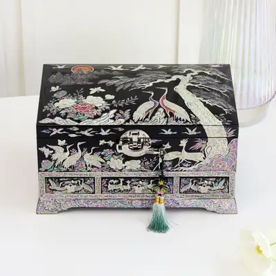 Najeonchilgi Korea Crane and Flower Mother-of-Pearl Jewelry Box with Drawer 32cm Black