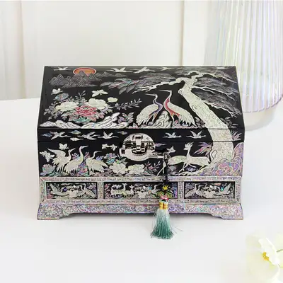 ナジョン漆器コリア 韓国的ギフト 花と鶴 引き出し型 螺鈿宝石箱 32センチ -2