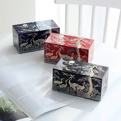 螺鈿漆器 韓國文化之美 松鶴彩色雙合貝殼珠寶盒(大)