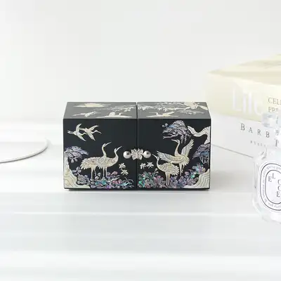 Mother-of-Pearl Black Lacquer Korean Craft Pine and Crane Jewelry Box - Size 14 (Dual-Sided)