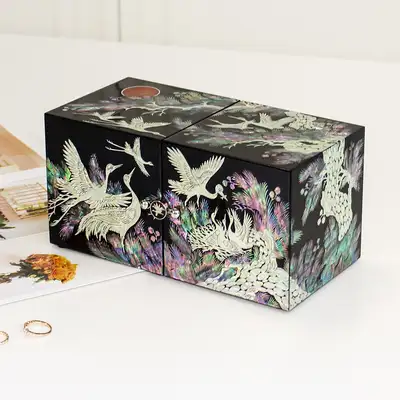 Mother-of-pearl Lacquerware Korea Traditional Light Crane Extra-Large Double Compartment Jewelry Box