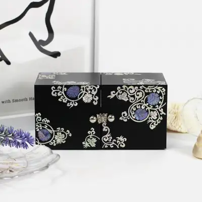 ナジョン漆器 コリア 洗練されたデザインの黒漆唐草 ミニ双合 螺鈿ジュエリーボックス