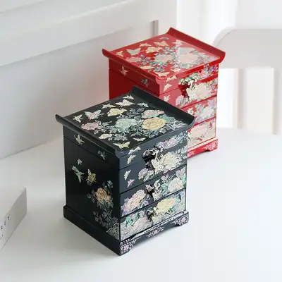 螺鈿漆器韓國傳統工藝牡丹花蝴蝶珍珠貝殼雙抽屜珠寶盒