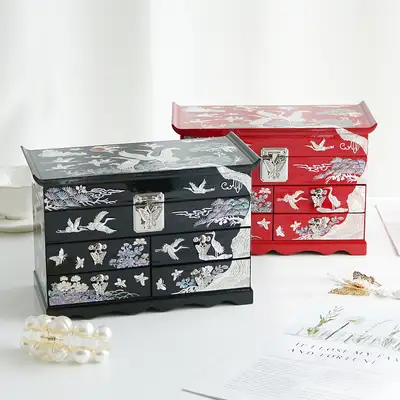 螺鈿漆器 韓國文化之美 名品螺鈿漆器 鶴 4層抽屜珍珠寶石盒(特大) 貝殼盒 飾品收納盒