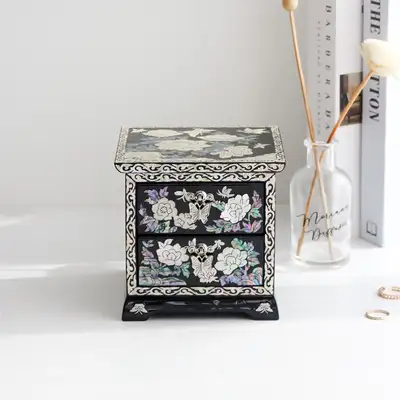 螺鈿漆器 韓國文化之美 螺鈿漆器牡丹蝴蝶 二層抽屜黑色貝殼珠寶盒