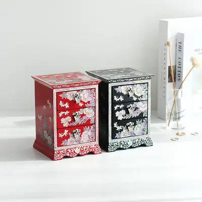 螺鈿漆器 韓國 韓國文化之美 螺鈿漆器牡丹花卉紋樣 三層抽屜 貝殼珠寶盒