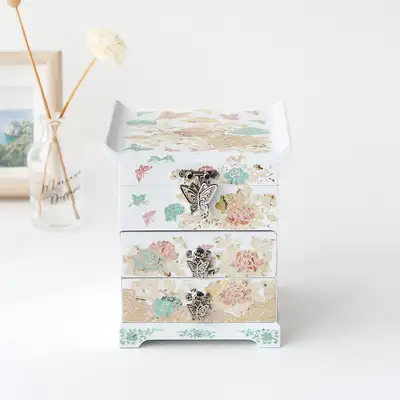 螺鈿漆器 韓國文化之美 螺鈿漆器 粉彩牡丹花 白色抽屜 貝殼珠寶盒