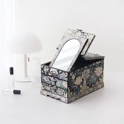 螺鈿漆器 韓國文化之美 華麗牡丹花 螺鈿鏡台珠寶盒(超大尺寸)