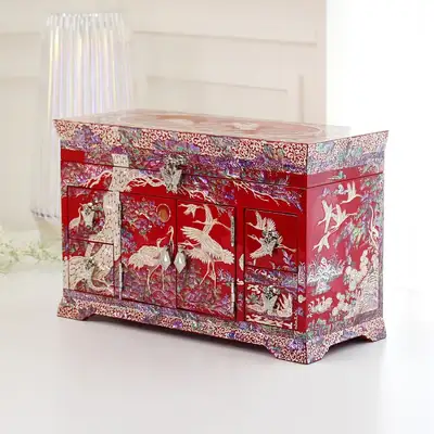 Nacre Lacquerware Korea Traditional Beauty Fragrance Connected Crane and Pine Dual-Panel Drawer-Type Shell Jewelry Box