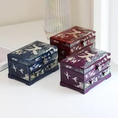 Najeon Chilgi Korea Elegant Korean Traditional Craft Pine and Crane 1-Tier 2-Drawer Hanji Mother-of-Pearl Jewelry Box