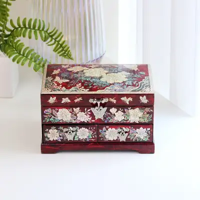 Nacre Lacquerware Korea Ornate Korean Traditional Craft Peony 1-Tier 2-Drawer Hanji Mother-of-Pearl Jewelry Box