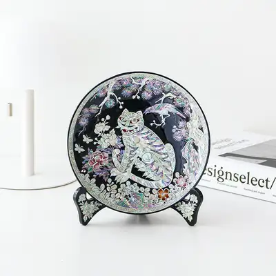 螺鈿漆器喜鵲老虎紋飾用迷你貝殼托盤 18公分