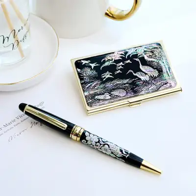 Traditional Korean Souvenirs (2-Piece Set) Gold Mother-of-Pearl Business Card Case K + Mother-of-Pearl Ballpoint Pen Set