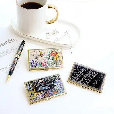 Traditional Beauty 2-Piece Set - Gold Mother-of-Pearl Business Card Case K + Colored Plum Blossom Mother-of-Pearl Ballpoint Pen (Full Marking)