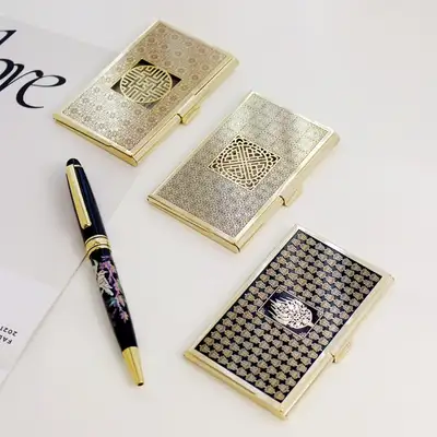 Traditional Korean Elegance Set (2-Piece) - Metal Gold Business Card Case + Mother-of-Pearl Pen