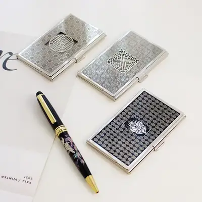 Traditional Elegance Metal Silver Business Card Case + Mother-of-Pearl Pen (2-Piece Set)
