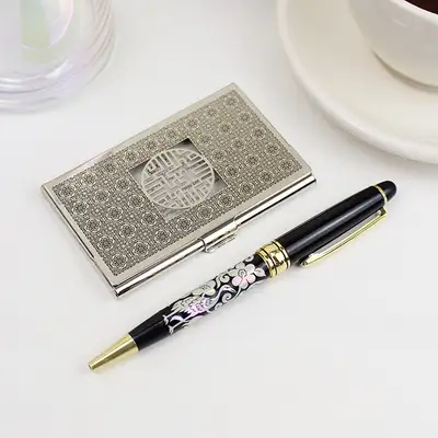 Traditional Korean Souvenir Set (2-Piece) - Metal Silver Business Card Case K + Mother-of-Pearl Ballpoint Pen (Flower Crane)