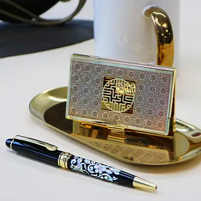 Traditional Korean Souvenir 2-Piece Set - Metal Gold Business Card Case + Mother-of-Pearl Ballpoint Pen