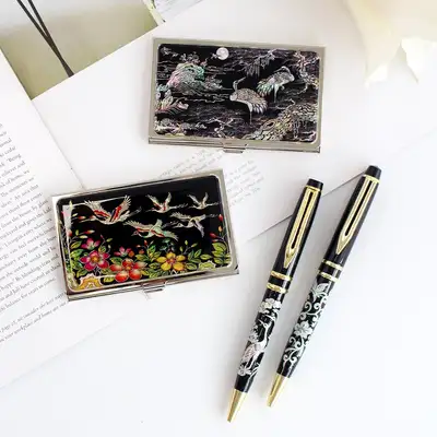 Korean Traditional Souvenir (2-Piece Set) Mother-of-Pearl Business Card Case K + Mother-of-Pearl Ballpoint Pen