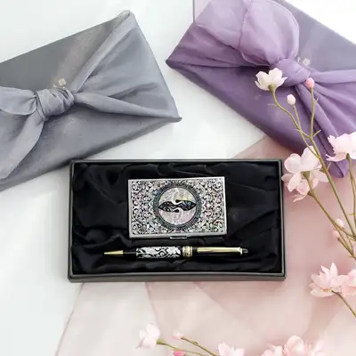 Korean Traditional Craft Gift Set (2-Piece) - Mother-of-Pearl Business Card Case N + Mother-of-Pearl Ballpoint Pen