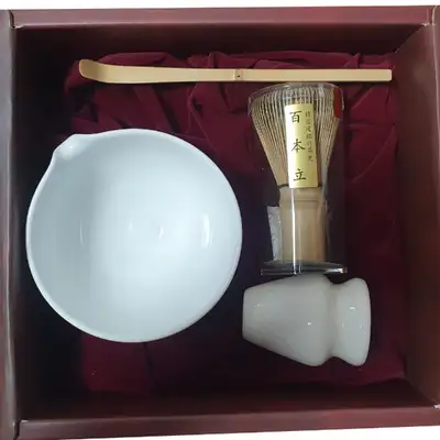 Domestic Matcha Tea Ceremony Set - White Porcelain Checkered Matcha Whisk Holder, Spouted Water Kettle, Tea Bowl, and Whisk Stand (4-Piece Set)