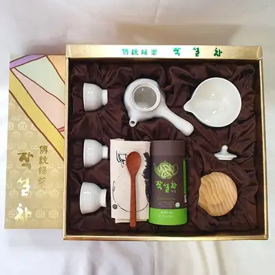 正善緑茶 3人用白磁茶器ギフトセット(特選緑茶・甘濃・雨前甘露・柿葉茶から選択可能)