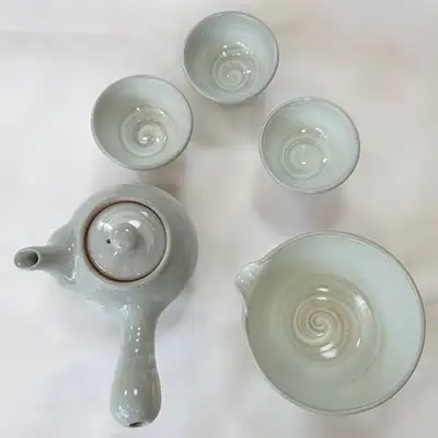 Buncheong Wiping Brush Pattern 3-Person Tea Set