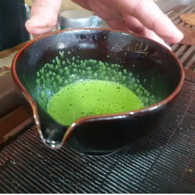 Matcha Spout Tea Bowl Black Glaze (Tenmoku) Chasen Whisk Rest and Matcha Scoop Set