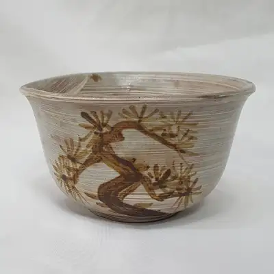 Han Chang-moon Cheongdam Buncheong Tea Bowl with Iron Oxide Pine Pattern - Asymmetrical Form
