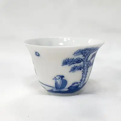 Jingdezhen Yueshenpe Blue and White Teacup Set No. 2 Fishing Design Luxury Gift Set Yueshenzhenjang Tea Service