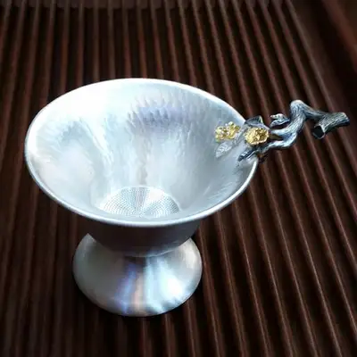 Silver Tea Strainer with Plum Blossom Handle and Stand Set