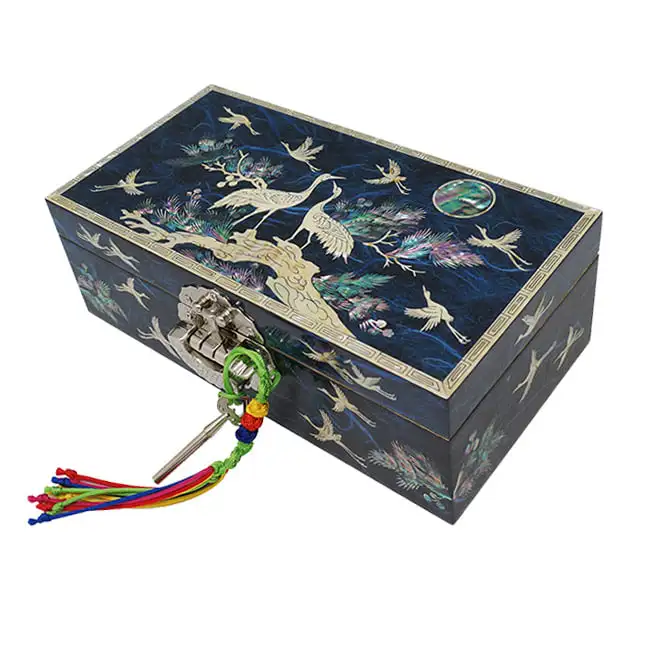 Rectangular No. 7 Single-Tier Jewelry Box with Key - Cranes and Pine in Blue